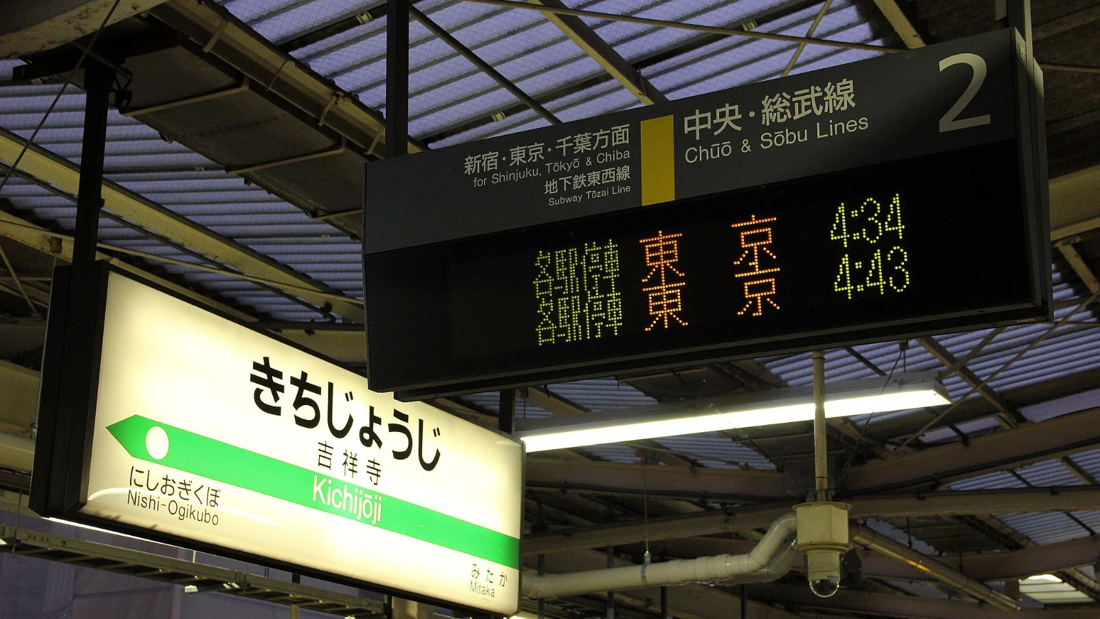 Departure board and station sign at Kichijoji Station, showing Chuo Line trains to Tokyo. A typical scene for Japan Rail Pass travelers.