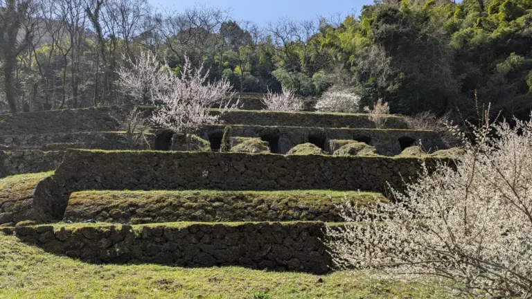 Shimizudani Smelter Site (清水谷製錬所跡) in Iwami Ginzan, showcasing the stonework of ancient smelting furnaces softened by moss, representing the industrial legacy of the UNESCO World Heritage site.